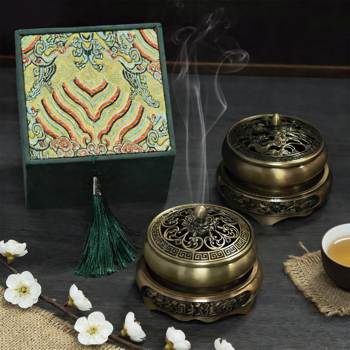 鋳銅　月芳作のペン皿と文鎮のセット　桐箱入 Vintage Metal Incense Burners: Ornate Dragon & Phoenix Carvings