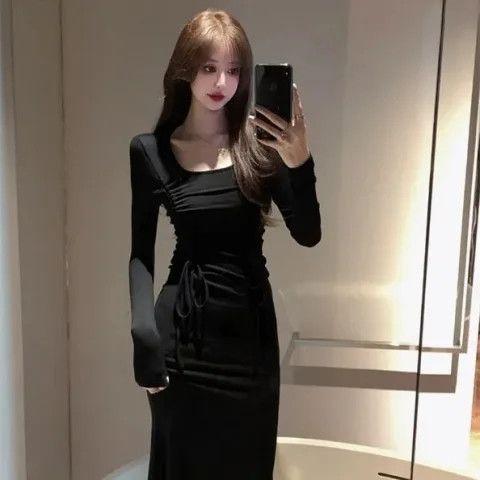 Product Introduction of Black square neck long sleeved dress for women, Korean style fashion solid color Retract your waist Wrap the buttocks casual fish tail mid length skirt 10