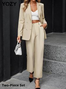 YOZY Plain Button Front Blazer & Button Fly Plicated Pants Set/ Elegant Long Sleeve Lapel Neckline Blazer & Pocket Trousers, 2024 Women's All Seasons Outfits for Casual Business, Work, Office
