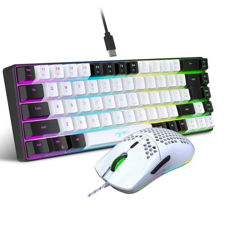 HXSJ Wired Keyboard & Mouse (1 Set), Compact 68 Keys Mini Wired Keyboard with RGB Backlight, Suitable for Gaming PS4 Xbox PC Laptop Mac 0