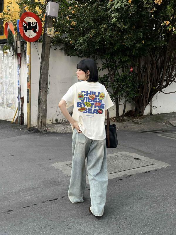 Áo thun boxy chill vibes 2104 Miucho cổ tròn vải cotton 2c 250gsm đứng form in mix 3