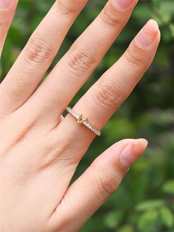Rhinestone Decorated Elegant Simple Alphabet Ring, Jewelry Accessories Idea For Birthday, Copper Trendy Jewelry For Daily Use 7