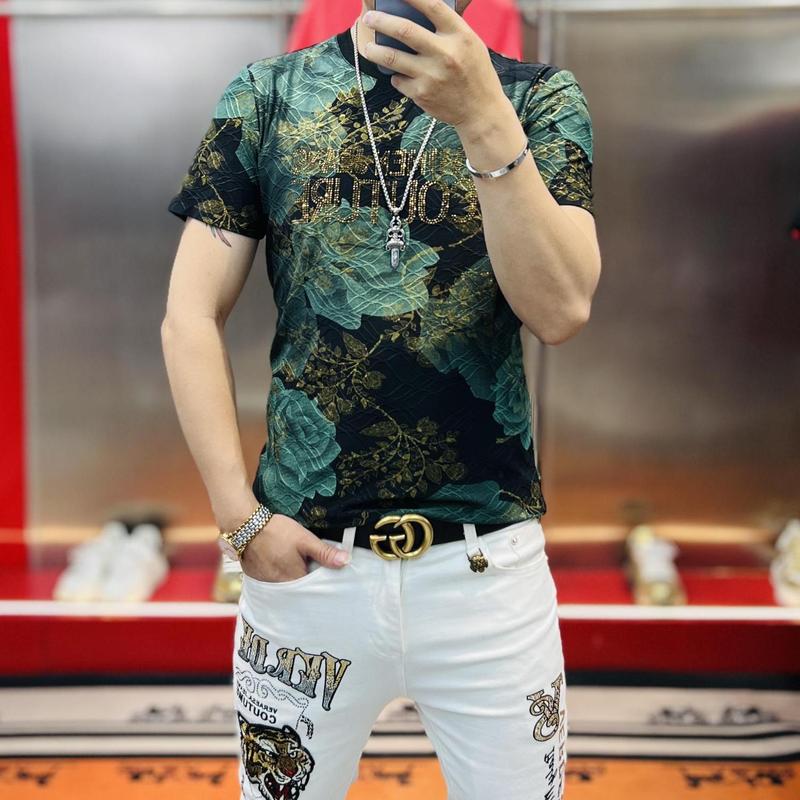 Áo Thun ngắn Tay Nam, Jacquard Rhinestone In Hoa Hồng, Thời Trang, Dễ Phối Đồ, Phong Cách Người Nổi Tiếng Trên Internet, Dáng Ôm, Hàng Mới Về Năm 2025 2