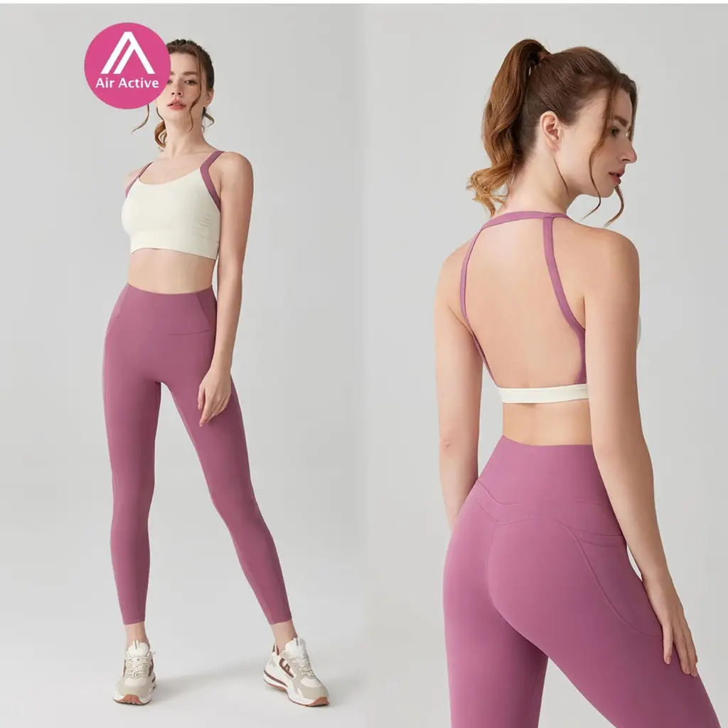 Yoga Sports Set Fixed Pads Sports Bra And High Waist Side Pockets Sports Pants Leggings