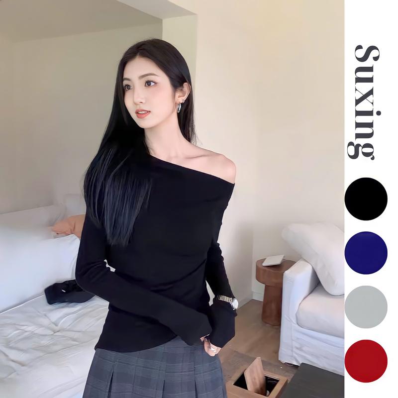 Áo Kiểu Trễ Vai Tay Dài Suxing Cotton Mềm Mịn Nữ, Áo Lệch Vai Dài Tay Co Giãn Sang Chảnh - S129 Women Top