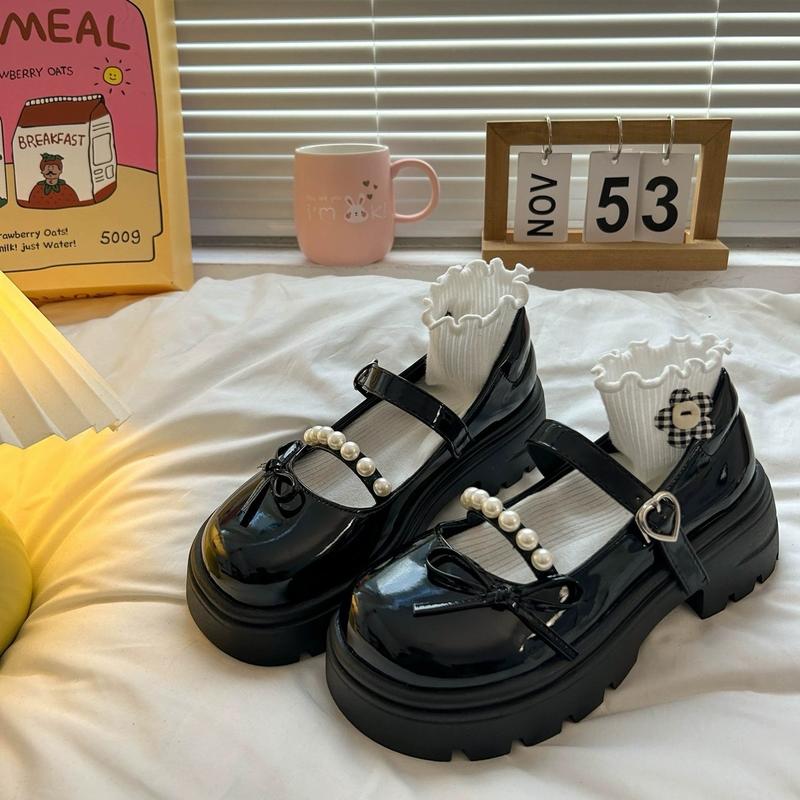 Giày Búp Bê lolita nữ độn đế 4-5cm đính ngọc da bóng Jean - Size 35-39