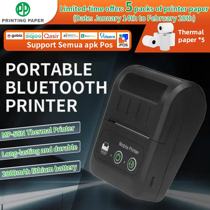 Printer Thermal Bluetooth Portabel Mini model baru dikirim acak, menggunakan struktur kertas termal 58mm cocok untuk cetak struk dan label. Periode terbatas (1.14-2.28): dilengkapi 5 gulungan kertas termal gratis — kompatibel dengan komputer dan perangkat