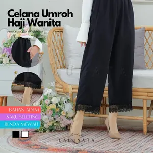 LALUNATA - Celana Umroh Haji Wanita Renda Seleting Celana Ihrom Wanita Renda Bahan Katun Premium / Perlengakapan Haji dan Umroh Dalaman Nyaman Hitam Karet