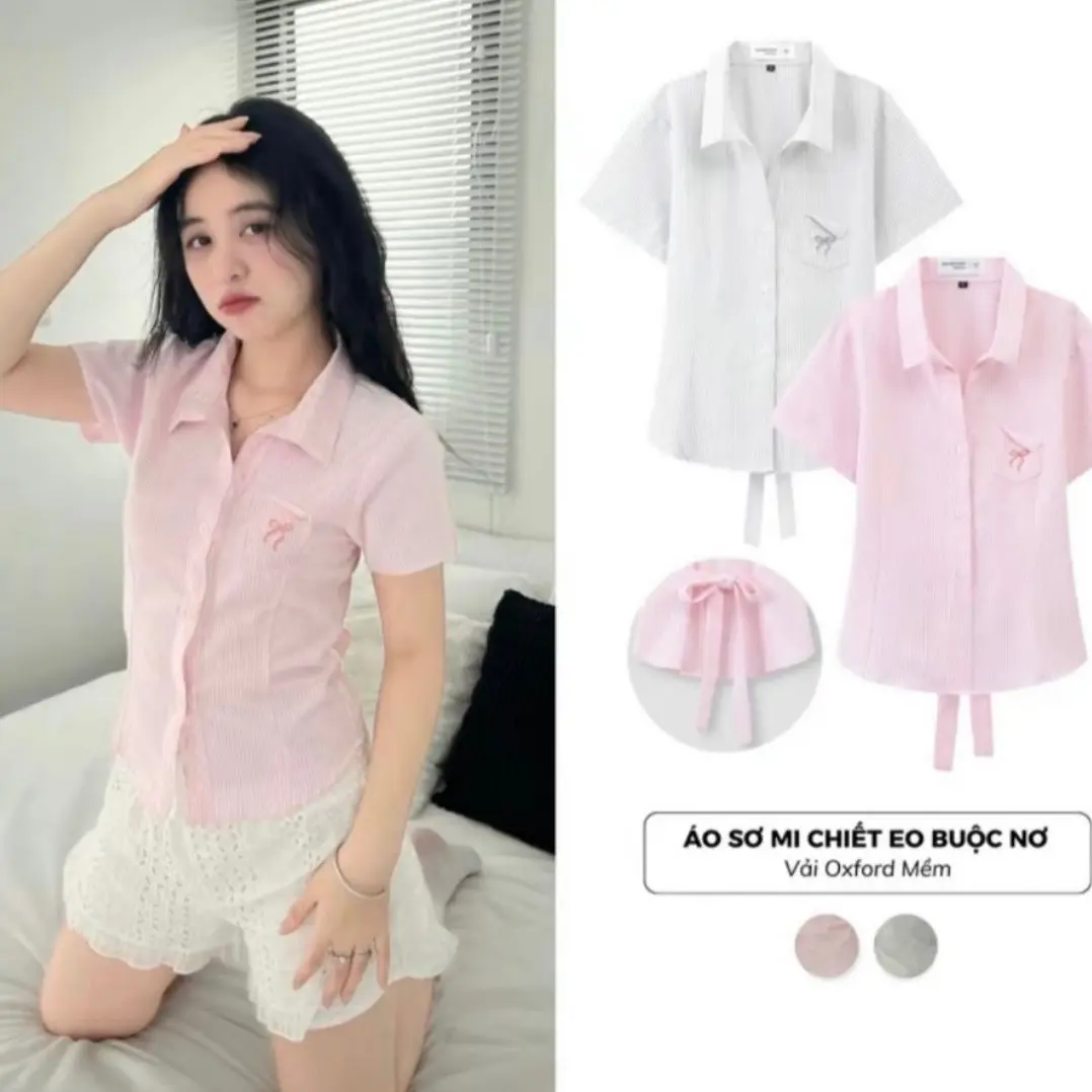 Áo Sơ Mi Chiết Eo Buộc Nơ Thêu Túi Ngực Phong Cách Hàn Quốc