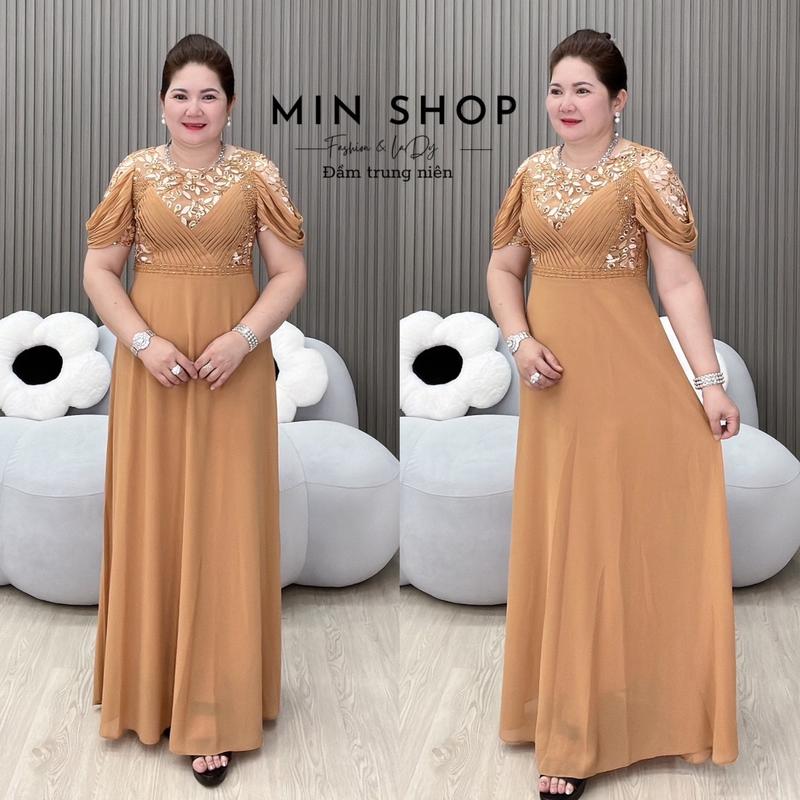 MIN SHOP - Đầm dạ hội maxi dự tiệc dáng dài trung niên cao cấp thiết kế cổ tròn, tay ngắn rớt vai, chất vải tằm ý - Nữ, Women Dress Voan Voi Cotton