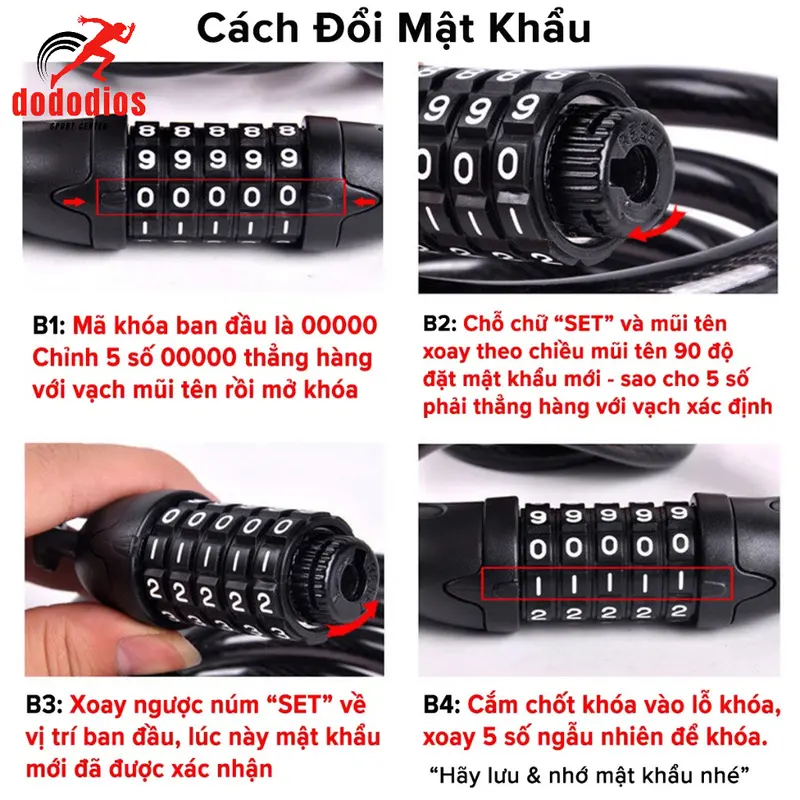 Khóa Xe Đạp Dây Lõi Thép 5 Số Dài 120cm – Chọn Màu – Bộ Khóa Xe Máy Thông Minh Chống Trộm Cao Cấp Chính Hãng Dododios Gắn Xe Đạp Đạp Xe Đạp Sport 3