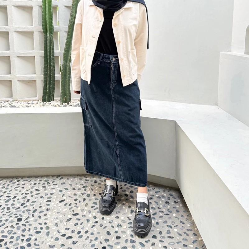 Product Introduction of ROK KARGO JEANS Panjang Denim Karet Tebal Wanita Standar Katun A-Line Samping Melar Hitam Maxi Biru rok cargo tanpa belahan rok jeans span rok midi jumbo 3