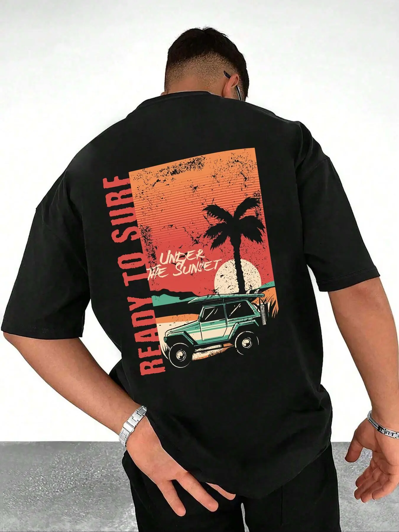 Men's Regular Fit Sunset & Jeep Print Graphic Tee, Casual Short Sleeve T-shirt for Summer, Men's Top for Daily Wear, Tropical