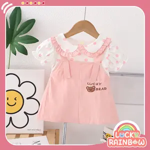 Baju Gaun Anak Perempuan Lucu, Dress Overall Warna Pink, Gaun Anak Polkadot Korea dengan Kerah Renda dan Bordir Beruang