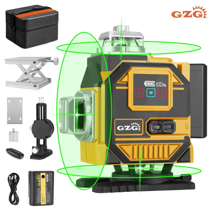 Laser Levels, 4x360 Self Leveling 16 Lines Green Beam 4D Cross Professional Line Laser Tool, LCD Screen, Remote Controller, Lifting Base 0