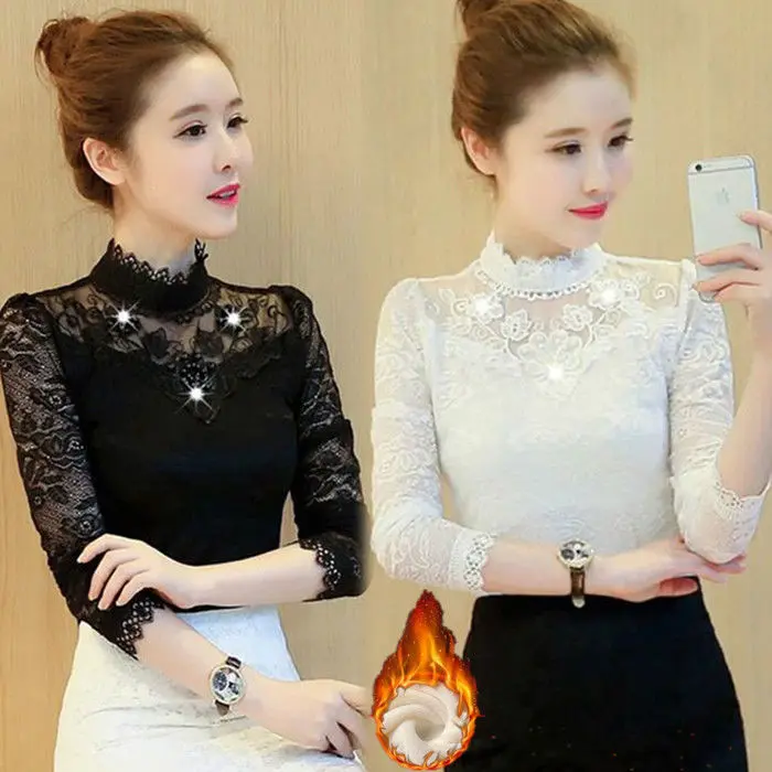 Áo Lớp Nền Ren, Mỏng / Lót Lông Cừu, Áo Giữ Nhiệt Dài Tay Nữ, Mùa Thu Và Mùa Đông, Dày Và Ngoại Cỡ, Áo Ren, Năm 2025 Top Women Sơ Mi