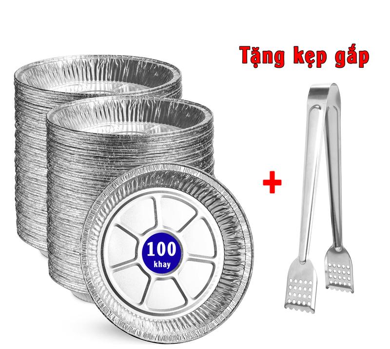 [ Tặng kẹp gắp inox ] Sét 100 Khay Giấy bạc Lót Nồi Chiên Không Dầu, Lò Nướng - Khuôn Đĩa Nhôm đựng Thức Ăn, Thực Phẩm - Size 22cm
