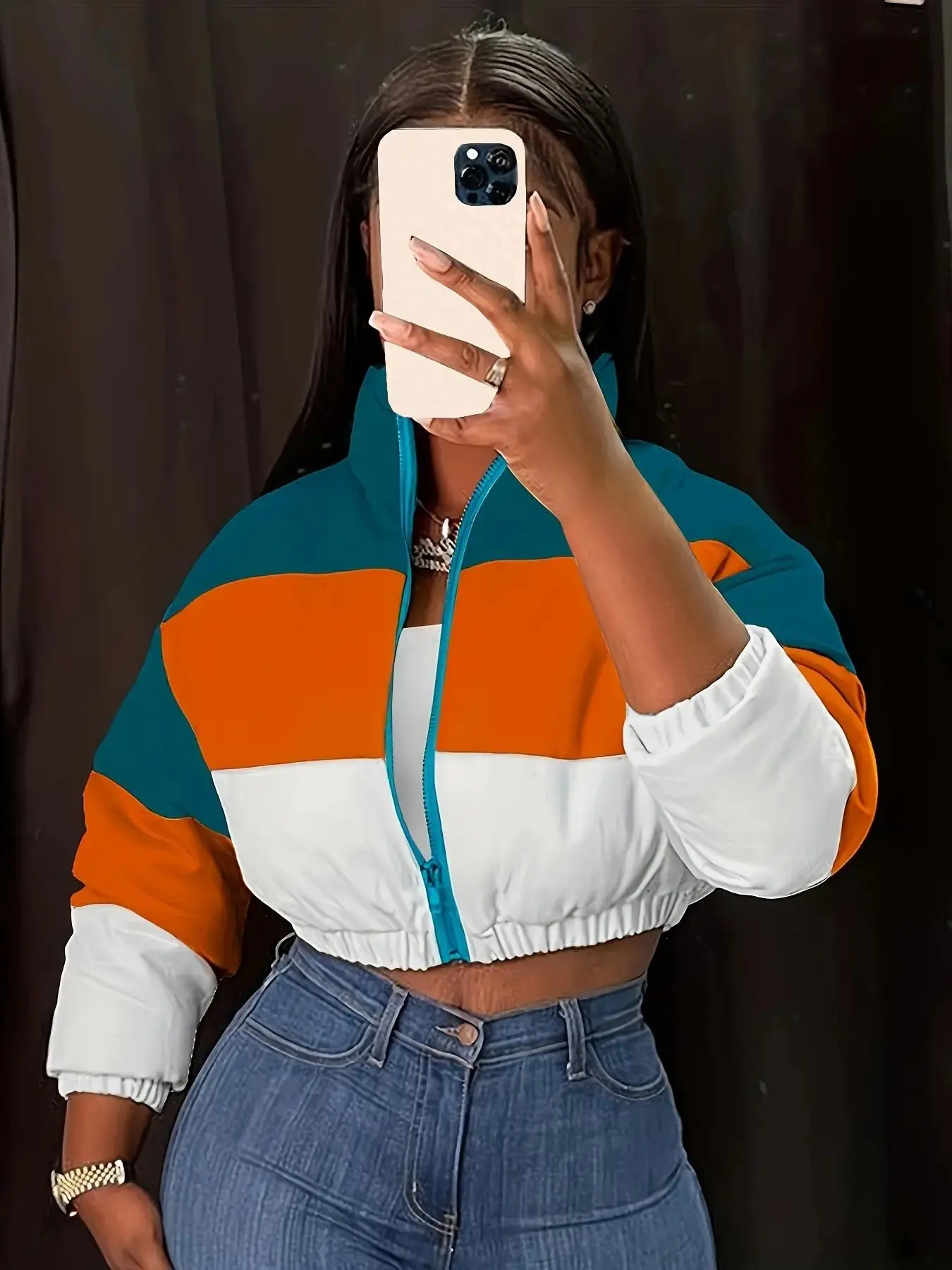 Women's Colorblock Zip Up Crop Winter Coat, Casual Street Drop Shoulder Long Sleeve Outerwear for Daily Wear, Ladies Clothes for Winter