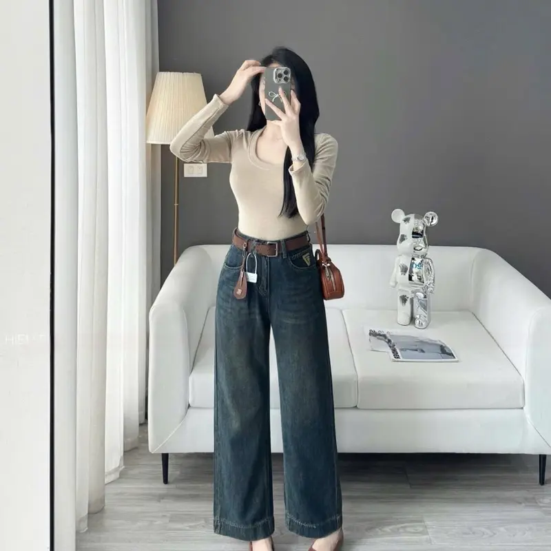 TATTA Jeans |#A17/A68  Quần Jeans Xuông 94cm 3 Màu Kèm Đai Charm  Nữ Kem Women quần bò 6