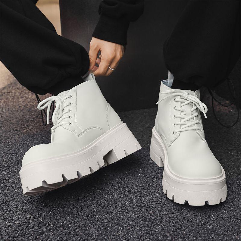 Giày boot Martin, Phong Cách PARIS, Da Thật Của Nam Giới, Phong Cách Đường Phố Cao Cấp, Ngón Chân To, Cổ Giữa, Đế Dày, Tăng Chiều Cao, Giày Của Người Hâm Mộ Anh, Giày Bốt Xe Hơi 1