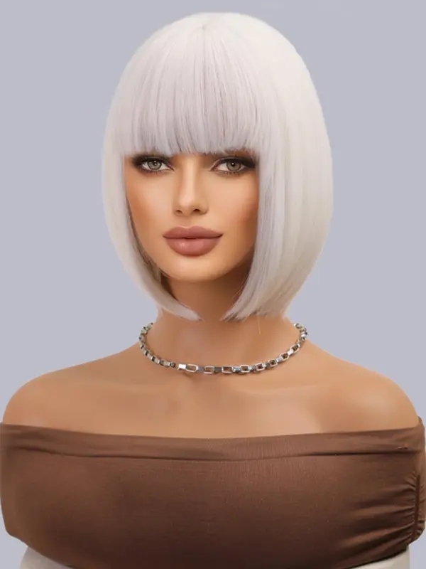 12 Inch Short White Straight Wigs for Women, Gorgeous Fluffy Wigs with Bangs, Synthetic Full Machine Wigs for Party, Daily Use 2