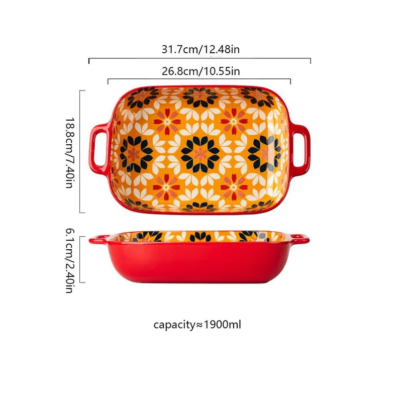 Floral Pattern Rectangular Baking Dish, 1 Count Double Handle Baking Pan, Baking Tray, Kitchenware for Home Use, Housewarming Gift 3