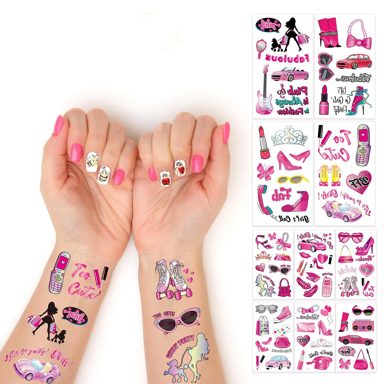 Cartoon Girl's Party Series Temporary Tattoo Sticker, 10 Counts Lovely Pink Temporary Tattoo Sticker, Body Art Sticker For Women & Girls