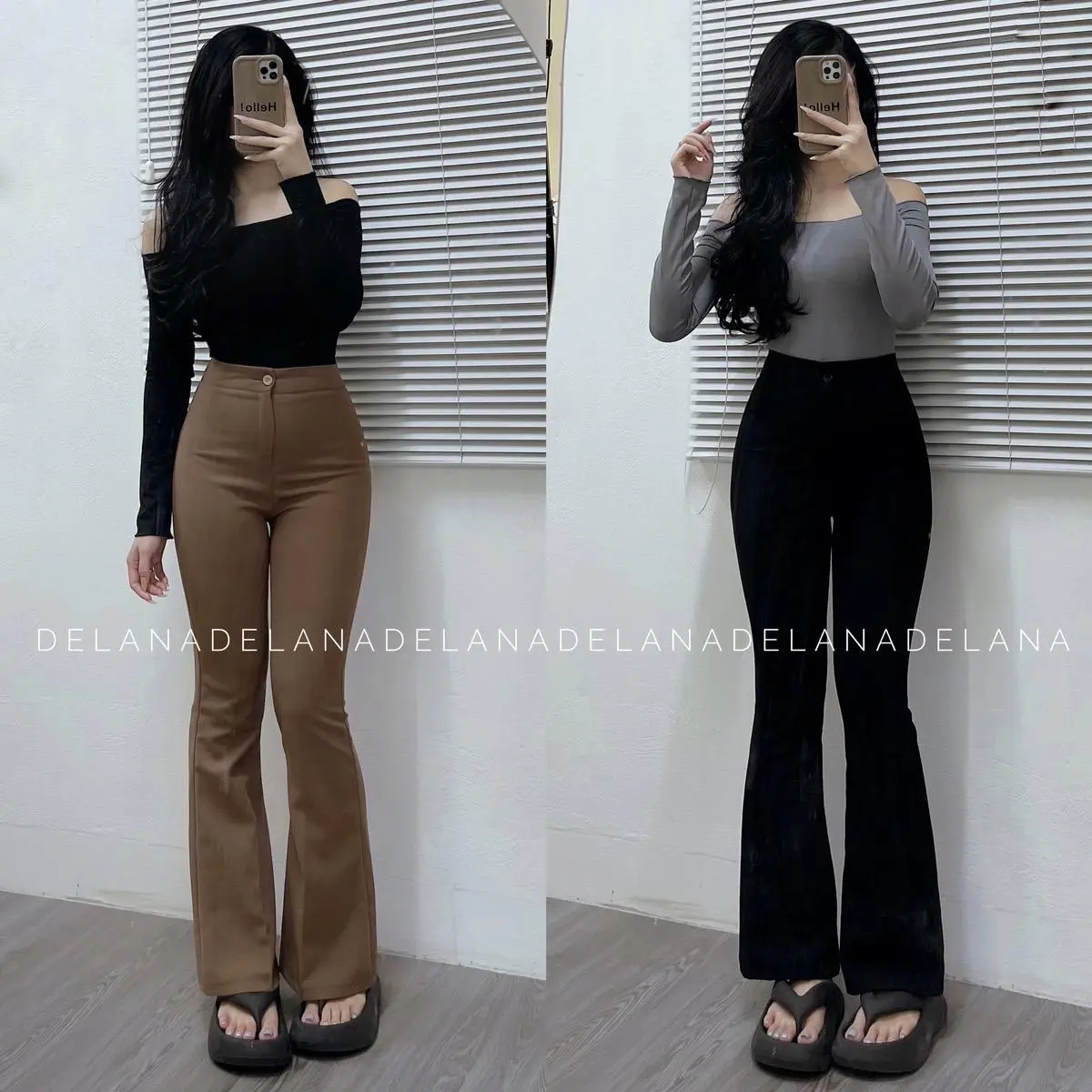 Quần Ống Loe Cạp Cao 95cm, 101cm, 2 Cúc có túi Quần Vải Tuyết Mưa Hàn, Quần nữ đơn giản sang trọng DELANA V824 quan tay không có Drawstring