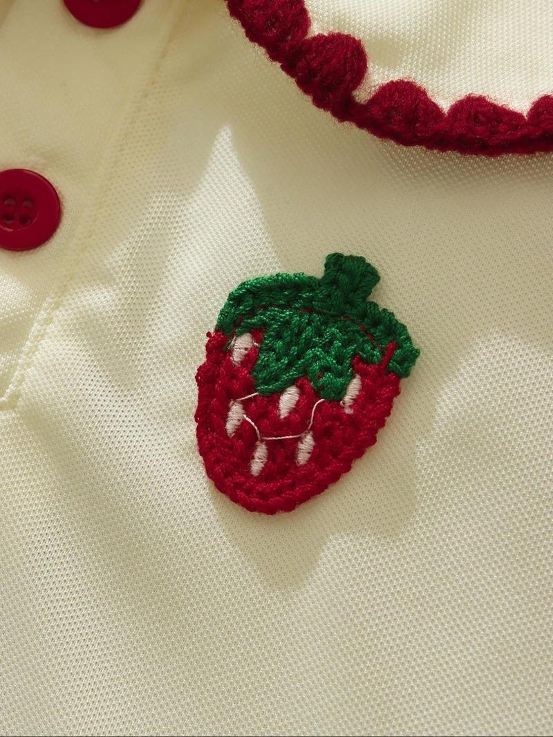 Product Introduction of Baby Girl's Strawberry Embroidery Patched Collar Top & Frill Trim Plicated Skirt Set, Cute Short Sleeve Buttons Blouse & Elastic Waist Skirt, Newborn Infant Kids Summer Clothes 4
