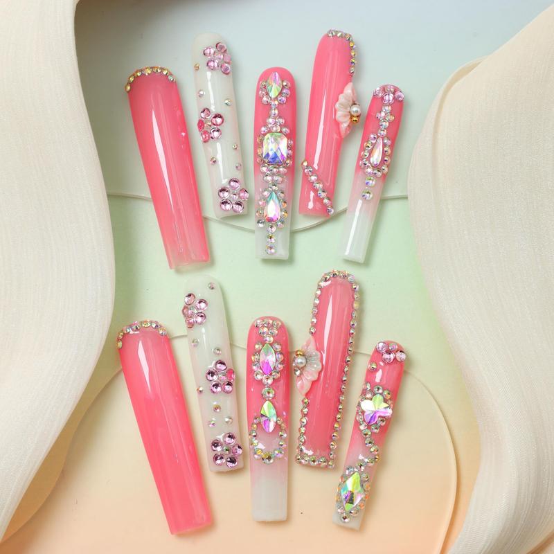 Rhinestone Decor Fake Nails with 1 Nail File & 1 Sticker Sheet & 1 Stick, 10pcs Long Square False Nails for Women & Girls DIY Nail Art, Glossy Press on Nails Set 1