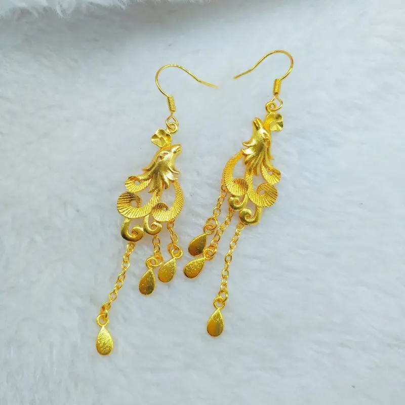 Hoa Tai Mạ Vàng, Thật, Cao Cấp, Móc Tai Phượng Hoàng Đám Cưới, Sợi Tai Tua Rua Dài,  Trang Sức Tai Đám Cưới, Có Thể Giặt Được, Màu Sắc Lâu Trôi 2