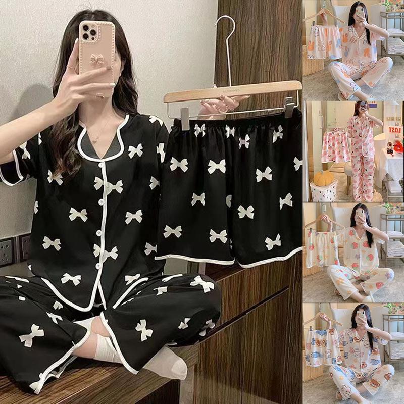 Set Piyama Wanita, 3 Helai, Rekaan Kartun Ikatan bentuk rama-rama ...
