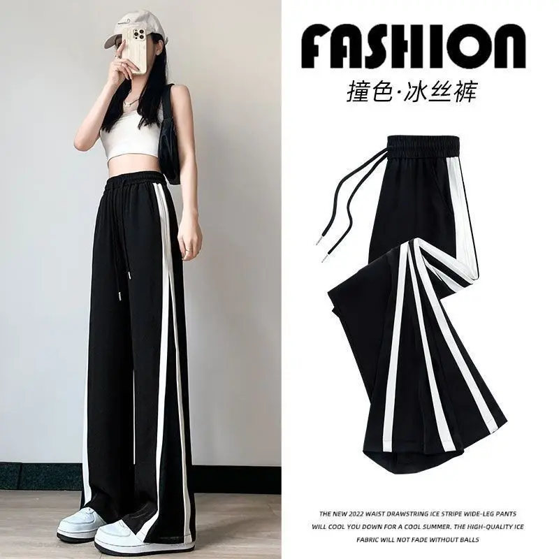 Quần Ống Rộng Lụa Lạnh Quần Thể Thao Nữ Mỏng Mùa Hè Mới Lỏng Lẻo Cạp Cao Thẳng Mỏng Nhỏ Thường Ngày Quần Không Còng