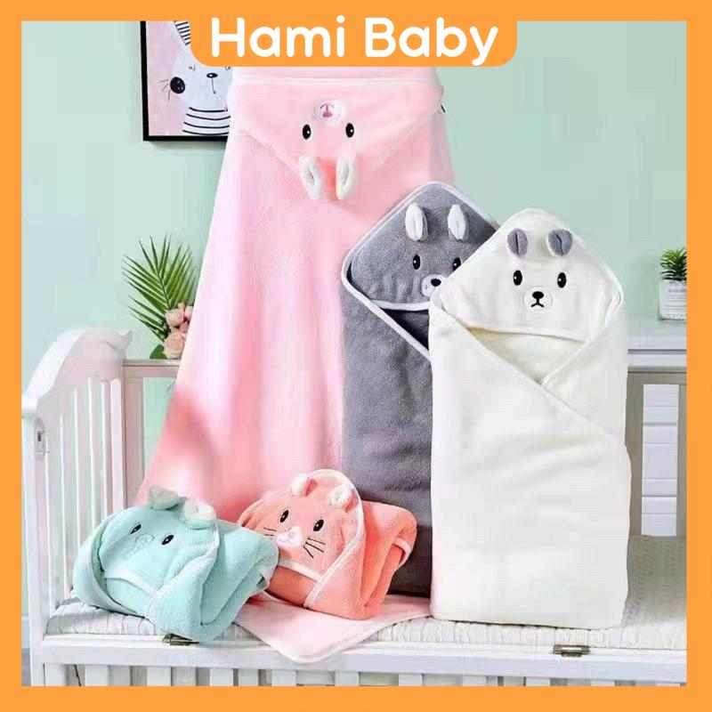 Khăn Ủ quấn bé sơ sinh, khăn tắm có mũ hình thú xinh xắn Cho Bé choàng