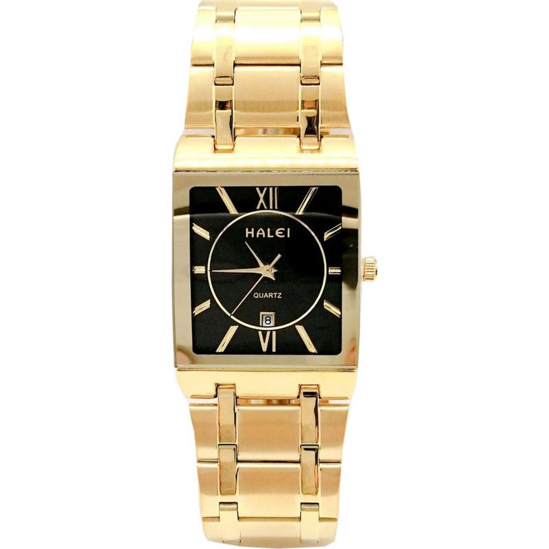 Đồng Hồ Nam Halei HL564 Dây vàng mặt vuông  (Tặng pin Nhật sẵn trong đồng hồ + Móc Khóa gỗ Đồng hồ 888 y hình)