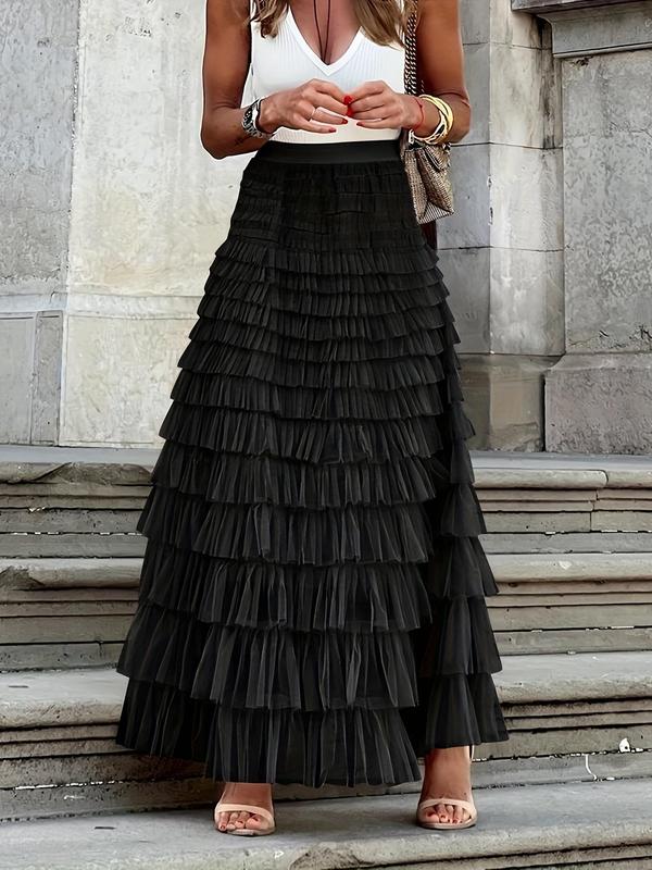 [Plus Size] Solid Tiered Layer Ruffle Trim Tulle Skirt, Elegant High Waist A Line Skirt for Party Holiday Wedding Guest, Women's Clothes for Spring & Fall 1