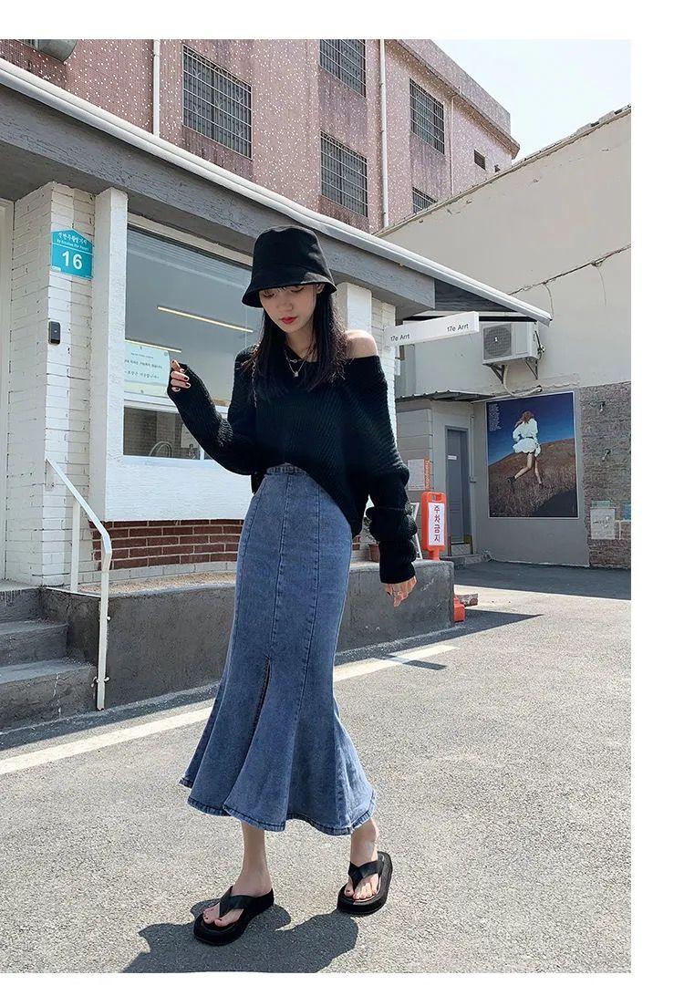 Product Introduction of Skirt Ekor Ikan Denim, untuk Wanita, Koleksi Musim Bunga / Musim Panas, Pinggang Tinggi, Skirt Berlipat, Panjang Setengah, Skirt Sarung Vintaj, dengan Belah, Fesyen 3