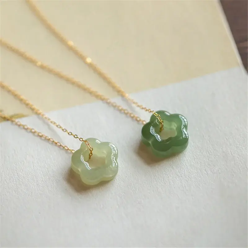Natural Hetian Jade Plum Blossom Pendant Necklace Silver Electroplated Gold Clavicle Chain Hollow Exquisite Jewelry