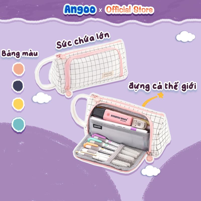 Hộp bút vải canvas Angoo túi bút double pen case bóp viết nhiều ngăn đa năng phong cách hàn quốc 7 màu tùy chọn