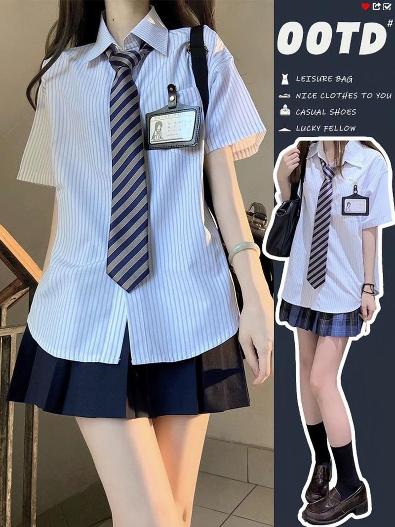 Product Introduction of Three-Piece Summer New Japanese College JK Striped Shirt Short Sleeve Student All-Matching Pleated Skirt Anti-Aging Outfits 16
