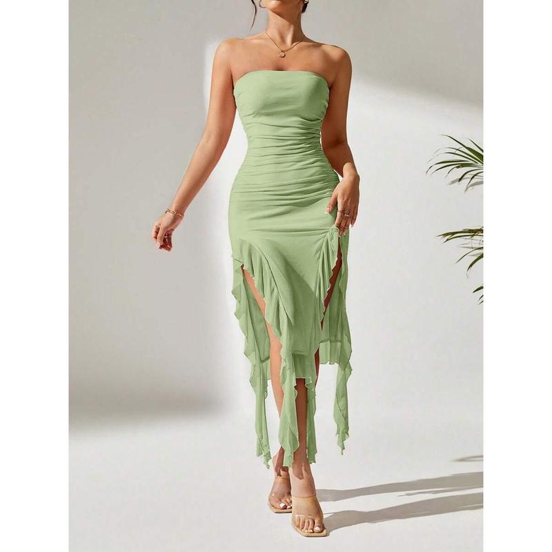 Ruched Split Thigh Ruffle Trim Tube Dress,Pastel Dresses For Women 1