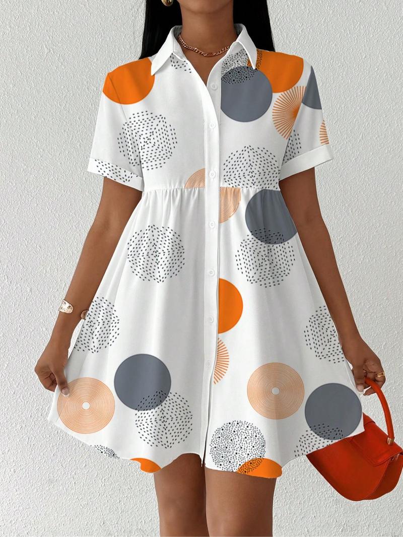 Product Introduction of 【Plus Size】 All Over Print Shirt Dress, Casual Short Sleeve Collared Dress for Summer, Women's Clothes for Daily Wear 7