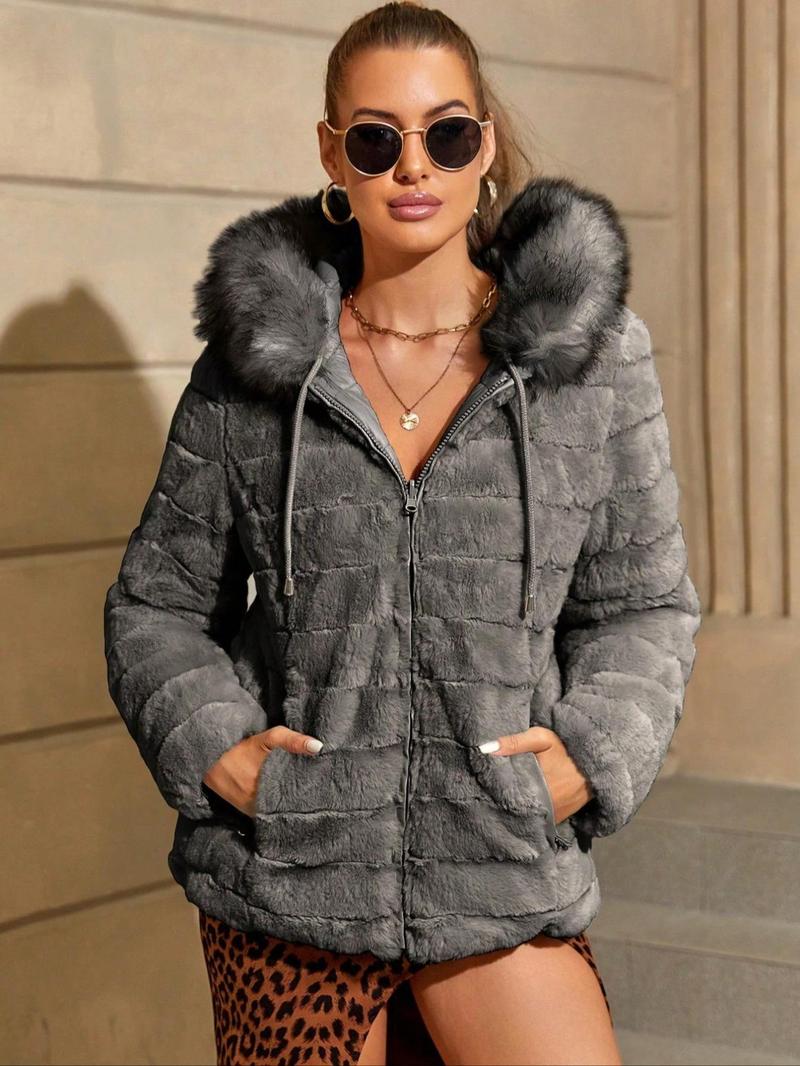 Product Introduction of Women's Solid Color Contrast Faux Fur Reversible Hooded Jacket, Casual Warm Long Sleeve Drawstring Quilted Coat for Fall & Winter, Women's Clothing for Daily Wear 1