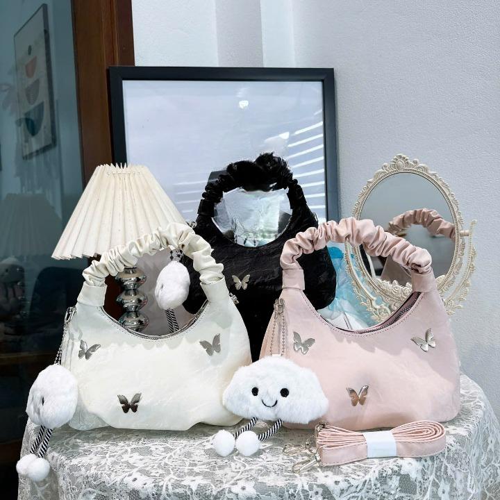 Túi xách nữ quai nhún đeo chéo cầm tay da nhung tặng gấu mây _TDC026