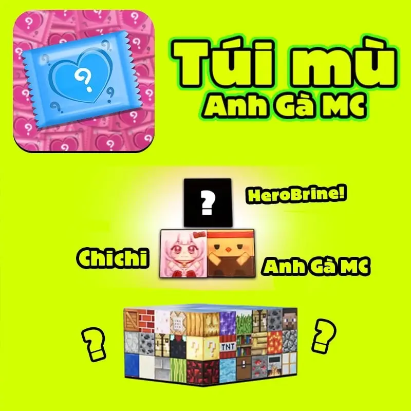 Combo 10 Túi mù Anh Gà MC, khối nhân vật nam châm Sáng Tạo từ đại gia đình Anh Gà MC, lấy cảm hứng từ Minecraft
