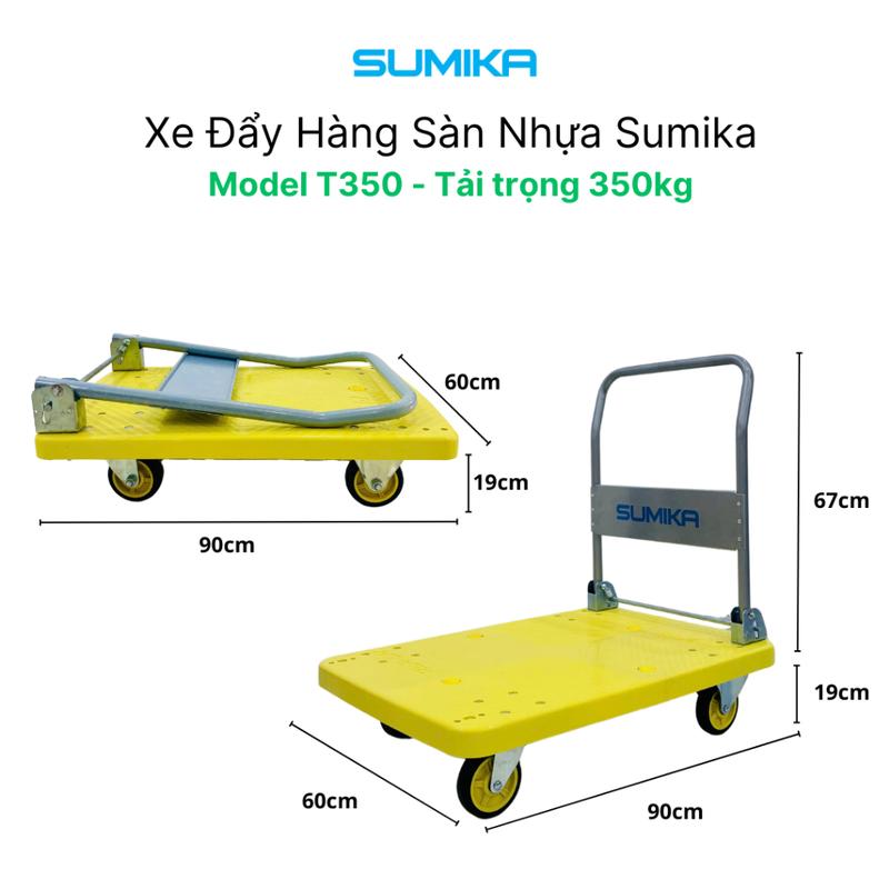 Xe đẩy hàng sàn nhựa PP SUMIKA T350, tải trọng 350kg, màu vàng, bánh xe nhựa PU đàn hồi 3
