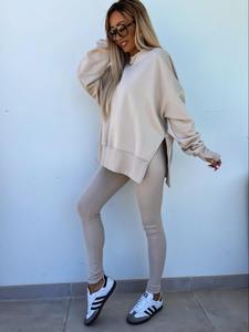 Conjunto de dos piezas para mujer con sudadera de hombro caído y dobladillo con abertura y pantalones pitillo, Sudadera de manga larga y cuello redondo y pantalones pitillo para uso diario al aire libre, Ropa de mujer para primavera y otoño