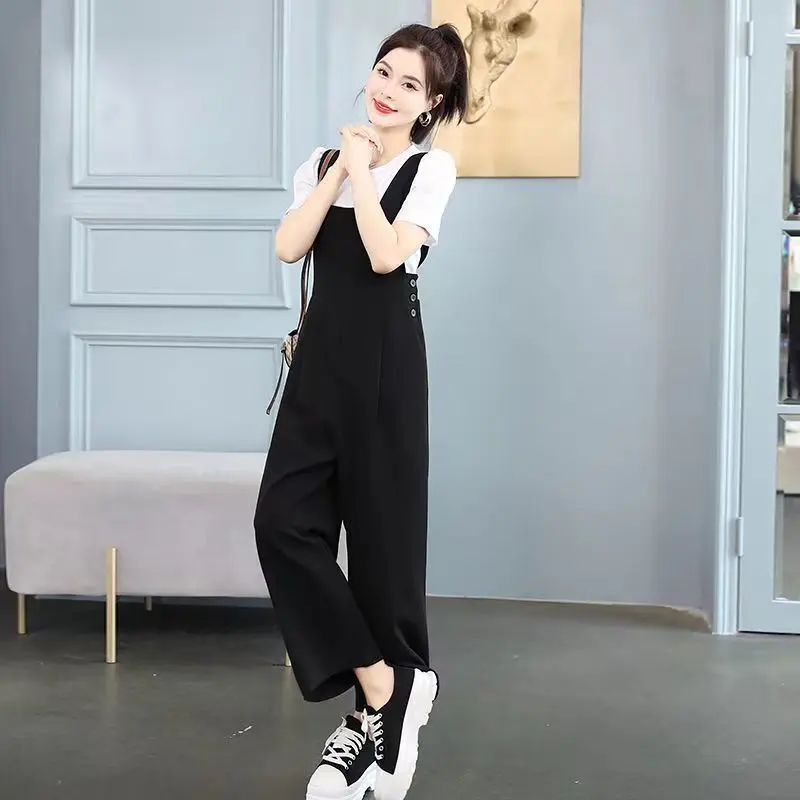 Quần Yếm Cổ Vuông Cho Nữ, Hàng Mới Về Mùa Hè 2024, Cao Cấp, Màu Đen, Dáng Rộng Vừa Vặn, Kiểu Thẳng Mỏng, Quần Thường Ngày Phong Cách Hàn Quốc, Thích Hợp Cho Bé Gái Béo Women