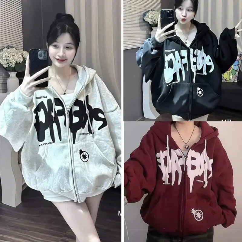 Áo khoác nỉ form rộng , Hoodie zip form rộng mũ hai lớp - Sao in hai mặt 0