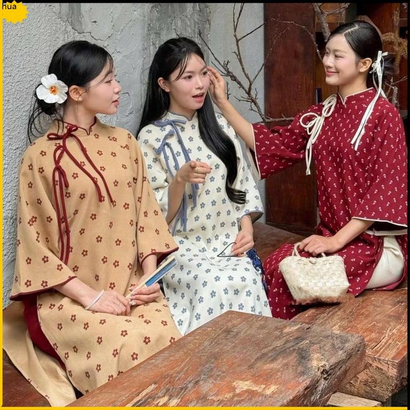 hua Áo dài cách tân Diên Ý kèm quần lụa, áo dài nhung đính mặc Tết AD32